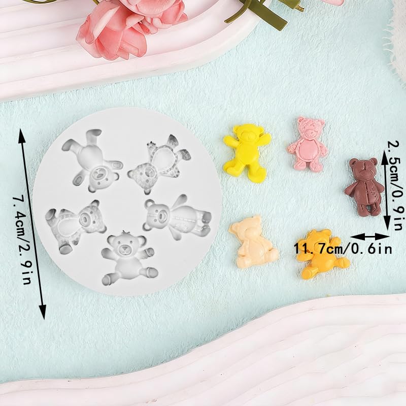 4 PCS Bear Silicone Fondant Molds Mini 3D Teddy Bear Candy Cake Chocolate Molds for Cake Decoration, DIY Desserts, Cupcake, Fondant, Clay, Gum Paste