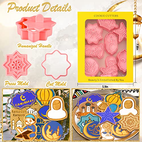 16 Pieces Eid Mubarak Cookie Cutters with Plunger Stamps Set Ramadan Islamic Muslim Biscuit Mold Star Lantern Moon 3D Cookie Stamper Mini Ramadan Plastic DIY Tools for Baking Fondant Supplies