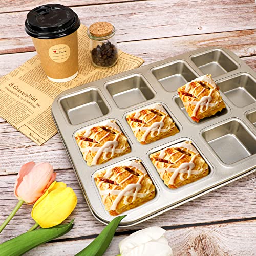 Beasea Brownie Pan with Dividers, 2 Set Gold All Edges Square Cupcake Brownie Pans 12 Mini Cavity Non Stick Baking Carbon Steel Bread Mold Small Edge 3x4 Individual Cutter Sheet Tray for Cake Oven - color: Gold Brownie
