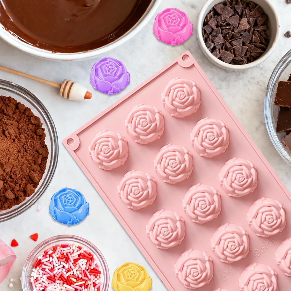 2pcs Rose Silicone Chocolate Mold Valentine’s Day Mini Rose Flower Shape Candy Mold 15 Cavity Silicone Mold For Valentine’s Day Wedding Cake Decorating