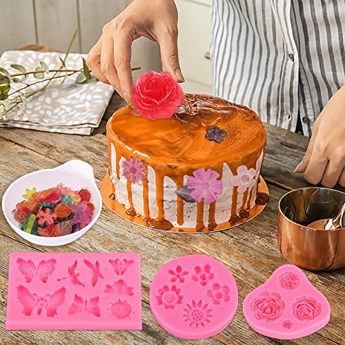 Silicone Cake Mold Set -8 Pcs, Rose Butterfly Daisy Rose Leaf and Mini Flowers Fondant Candy for Chocolate Polymer Clay Soap Crafting Projects Cake Decoration