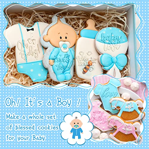 9 Pcs Baby Shower Fondant Embosser for Boys 3D Design Light Blue Cookie Stamp for Baking Acrylic Fondant Stamp for Baby Shower Party Decorating Topper Icing Cake Cupcake Chocolate Biscuit