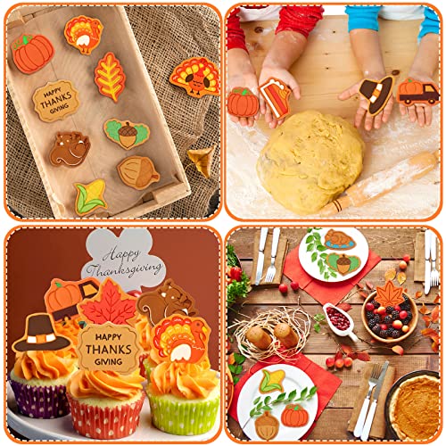 Hoolerry 16 Pcs Thanksgiving Cookie Cutter with Plunger Stamp Set Fall 3D Biscuit Cutter Pastry Fondant Embossing Maple Leaf Turkey Pumpkin Mold for Baking Supplies