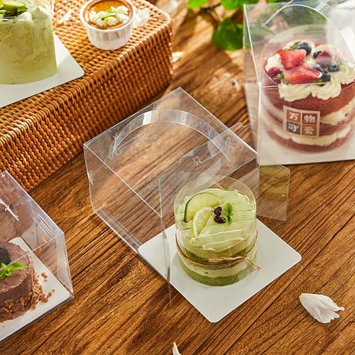 30pcs Transparent Bakery Boxes With Ribbon,Knives and Forks, Clear Cake Box, Plastic Cake Carrier with Lid and Handle Transparent Gift Favor Box Cupcake Treat Boxes for Party (Clear, 6*6*5 in-30pcs) - size: 6*6*5 in-30pcs