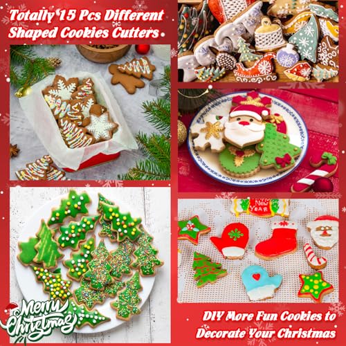 Christmas Cookie Cutters 15Pcs Winter Holiday Cookie Cutter Set Stainless Steel Metal Biscuit Cutters for Baking with Snowflake, Winter Glove, Snowman, Star for Christmas Party Biscuit Baking Molds - style: 15Pcs Christmas Cookie Cutters