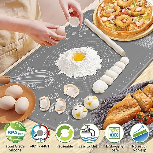 Silicone Baking Mat 24" x 16" Extra Thick Non-stick Pastry Mat with Measurements and Edge Heightening, Food Grade Silicone for Countertop Dough Rolling Making Bread, Cookies, Pizza, Fondant, Pasta - color: Dark Gray, size: 24"L x 16"W