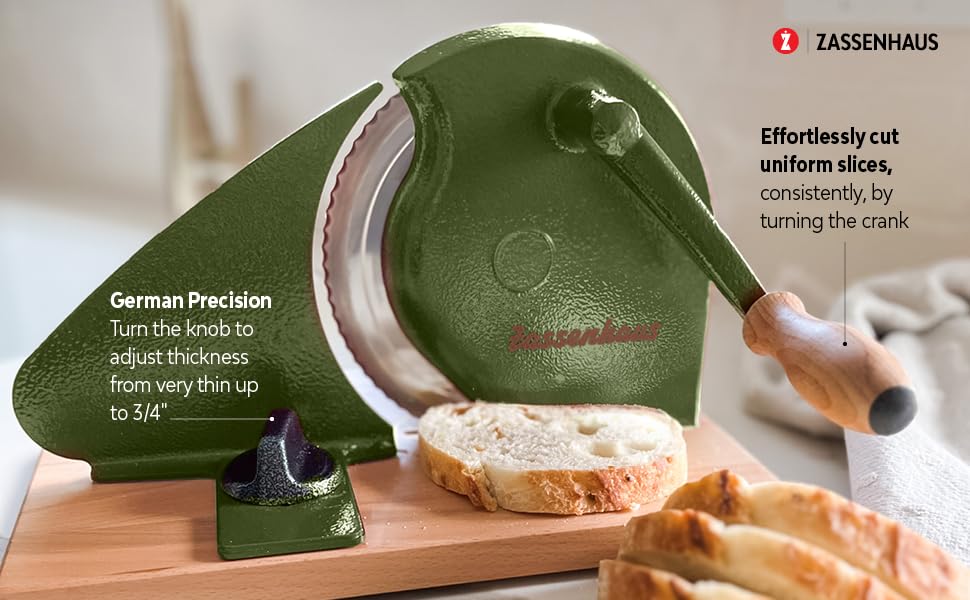 Zassenhaus Original Classic Adjustable Bread Slicer for Uniform Slices - Bread Slicer for Homemade Bread - 18/8 Stainless Steel Blade Sourdough Cutter -Cyprus Green, 11.75" x 8" - color: Cyprus Green, size: 11.75" x 8" x 4.7"