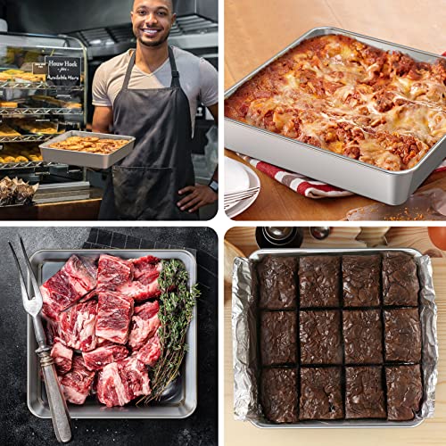 9 Inch Square Cake Pan Set of 2, Stainless Steel Baking Brownie Pan for Lasagna, Roaster Oven Cookie Sheet BBQ Grilling Pan for Baking Breads, Grilling Chicken & Vegetables, Dishwasher Safe