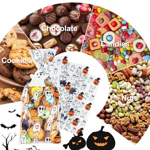150PCS Halloween Ghost Cellophane Treat Bags, Clear Halloween Candy Bags