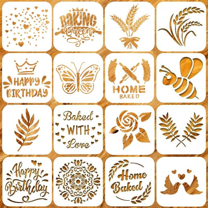 16 Pcs Sourdough Stencils for Bread Cookie Stencils Baking Mold Set Cake, Pie, or Cookie Cook Baking Template 16 Styles(6 x 6 Inch)