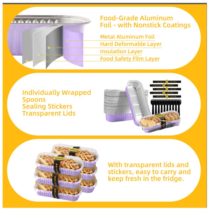 Lavender Purple Mini Loaf Pans with Lids & Spoons, 30 Count 6.8oz Disposable Aluminum Foil Cake Pans, Mini Cake Containers & Baking Tins for Desserts, Party Favors, Baking & Gift Packaging - color: Lavender Purple