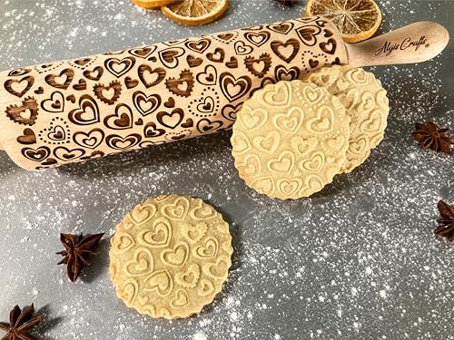 HEARTS EMBOSSING ROLLING PIN WOODEN ROLLING PIN for EMBOSSED COOKIES with LOVE HEARTS