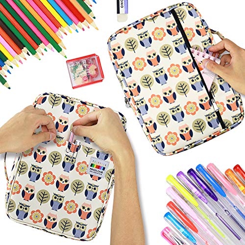YOUSHARES Colored Pencil Case 220 Slots Pen Case Organizer With Handy Wrap & Zipper, Multilayer Holder for Prismacolor Colored Pencils & Gel Pen (Cartoon Owl) - color: Cartoon Owl