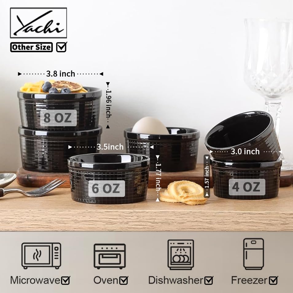 Yachi Black Ramekins 8oz 4.15 inch Set of 6, Oven Safe custard cups, Side Dishes, bouillon cups, salsa bowls, Baking Souffles Ceramic Ramekin - size: 8OZ,Black