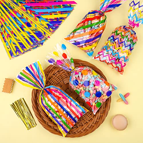Aodaer 100 Pieces 10.6 x 5.1 In Rainbow Cellophane Bags Plastic Candy Gift Bag Cellophane Treat Bags with Twist Ties Stripes Polka Dot Printed Pattern Goodie Bag for Birthday Weddings Party Favors - color: Rainbow