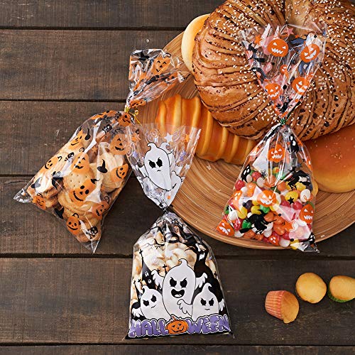 CCINEE Halloween Cellophane Treat Bags, 150pcs Halloween Plastic Clear Candy Bags with 300pcs Twists for Snacks Cookies Packing - color: Halloween-150pcs