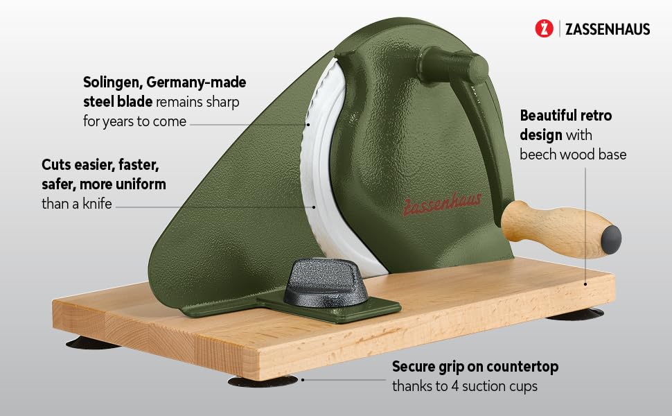 Zassenhaus Original Classic Adjustable Bread Slicer for Uniform Slices - Bread Slicer for Homemade Bread - 18/8 Stainless Steel Blade Sourdough Cutter -Cyprus Green, 11.75" x 8" - color: Cyprus Green, size: 11.75" x 8" x 4.7"
