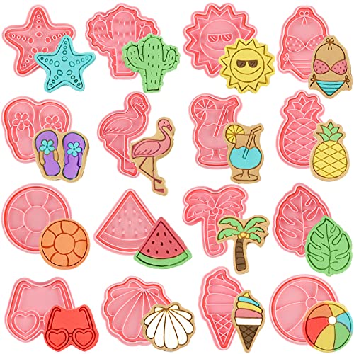 Cunhill 16 Pcs Summer Beach Cookie Cutters with Plunger, Tropical Molds