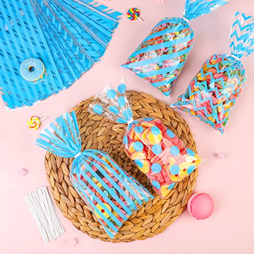 Aodaer 100 Pieces 10.6 x 5.1 In Blue Cellophane Bags Plastic Candy Bags Cellophane Treat Bag Polka Dot Stripes Printed Pattern Goodie Gift Bag with Twist Ties for Birthday, Baby Showers, Weddings Party Supplies - color: Blue