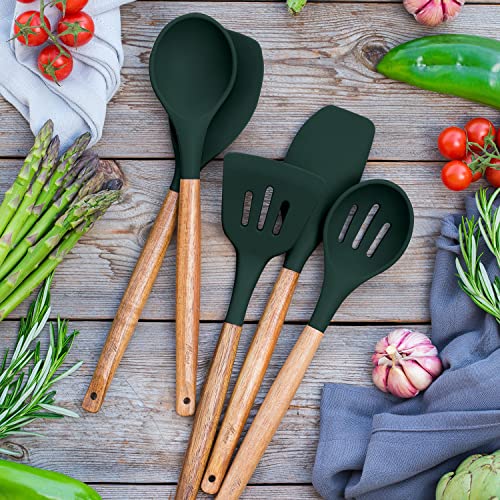 Non-Stick Silicone Cooking Utensils Set with Natural Acacia Hard Wood Handle, 5 Piece, High Heat Resistant (Green) - color: Green