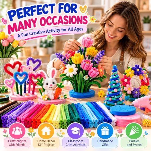 850Pcs Pipe Cleaner Crafts Kit w/ Felt Bases & Glue Gun, ASMR DIY Flowers - color: Rainbow