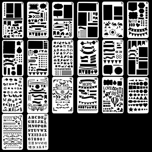 Journal Stencil 20 PCS Plastic Planner Stencils Set for Journal Notebook Diary Scrapbook DIY Drawing Card Template Journal Stencils, 4x7 Inch1
