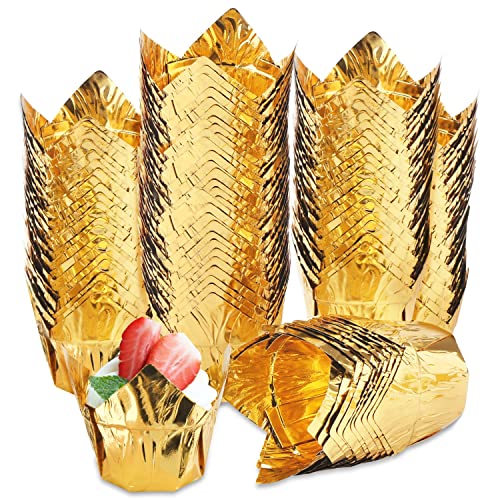 EUSOAR Disposable Baking Cups, 3.5 Ounce 100pcs Gold Tulip Aluminum Foil Cups, Aluminum Cupcake Pan Ramekin Tins - color: Gold, size: 3.5oz, 100pcs
