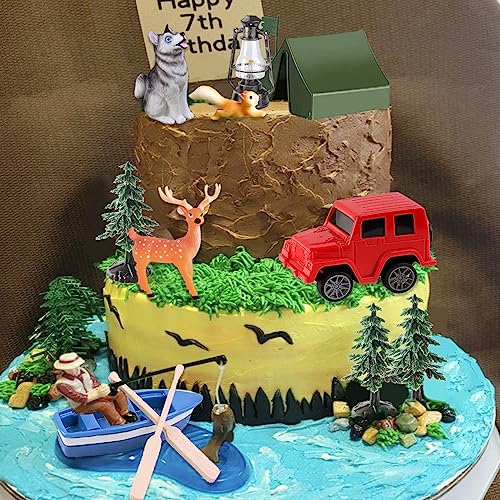 16 Pcs Camping Cake Toppers Camp Cake Decorations Fireside Camp Forest Cake Decors for Kids Camping Forest Theme Party and Camping Fans' Birthday Supplies - style: Camping Cake Toppers