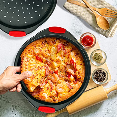 NutriChef 2-Piece 13-Inch Nonstick Pizza Tray, Round Carbon Steel Non-Stick Pan w/Perforated Holes, Premium Bakeware PizzaScreen w/Silicone Grip Handle, Dishwash Safe, NCBPIZX2, Large, (Pack of 20) - size: 20 Pack Large