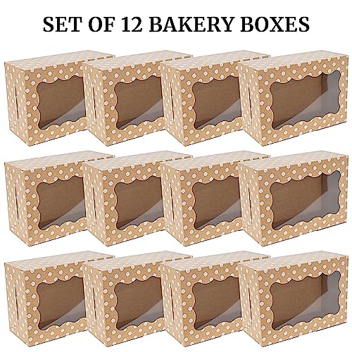 Polka Dot Cookie Boxes - 12 Pack - Brown Bakery Gift Box with Window - color: Craft White Polka Dots