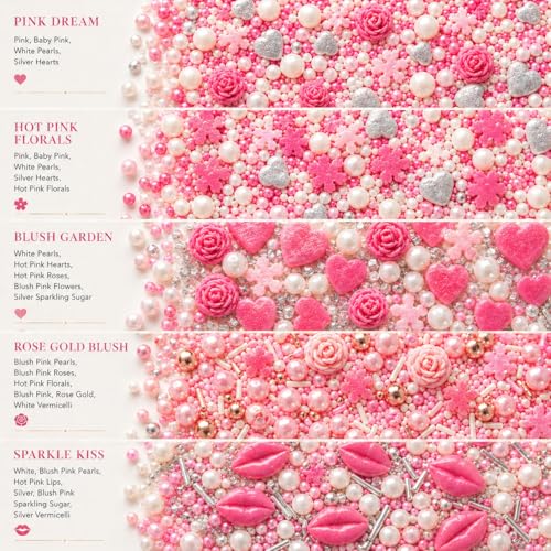 Confect Cake & Cupcake Sprinkles | Love Sprinkles Mix Pink Mini Lips & Roses, Silver Hearts & Vermcelli and White Pearls | Anniversary Sprinkles | Edible sprinkles Mix Pack of 5 (5 Oz) - color: Love Sprinkles