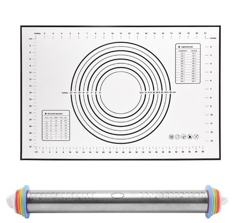Rolling Pin and Silicone Baking Pastry Mat Set, Stainless Steel Dough Roller with Adjustable Thickness Rings, for Pizza, Pie, Pastries, Pasta, Cookies (Black) - color: Black