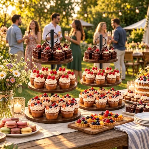 Cupcake Stand, 3 Tier Wood Cake Stands Rustic Cupcake Tower, Round Tiered Tray Stand for Dessert Table Display, Industrial Wooden Serving Stand Wedding, Graduation and Baby Shower (Zhong 1Pack) - color: Zhong 1pack