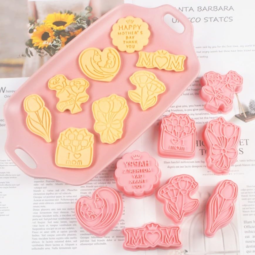Mother's Day Cookie Cutters,8pcs Plastic Flower Cookies Stamps (Mother Day) - color: Mother Day