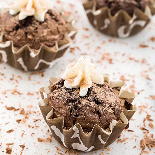 Restaurantware Panificio 0.4 Ounce Baking Cups 200 Flared Cupcake Liners - Oven-Ready Freezable Brown And White Paper Muffin Cases Disposable Chocolate Wisp For Wedding Parties Baby Showers - size: Small, style: Flared
