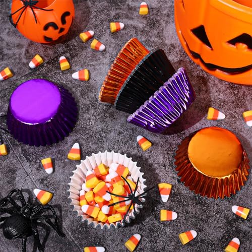 Whaline 150Pcs Halloween Foil Cupcake Liners Black Purple Orange Foil Metallic Cupcake Wrappers Muffin Liners for Halloween Party Supplies Table Decor - color: Black Purple Orange
