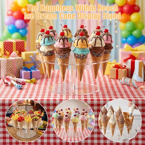3 PCS Acrylic Ice Cream Cone Holder, 16 Holes Cupcake Display Stand, Clear Food Grade Display Rack for Sushi, Popcorn, Parties & Events