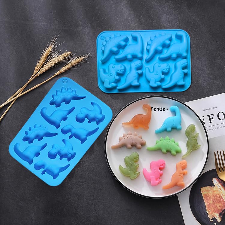 2Pcs Dinosaur Silicone Candy Molds - 8-Cavity Gummy Dinosaur Molds Shaped with T-rex, Stegosaurus, Triceratops, Brontosaurus, Non-stick and Bpa Free for Chocolate, Soaps, Crayons, Ice Cubes - color: 2pcs Large Dinosaur Molds