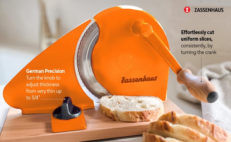 Zassenhaus Original Classic Adjustable Bread Slicer for Uniform Slices - Bread Slicer for Homemade Bread - 18/8 Stainless Steel Blade Sourdough Cutter -Orange, 11.75" x 8" - color: Orange, size: 11.75" x 8" x 4.7"