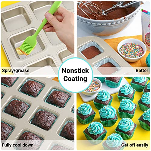 Beasea Brownie Pan with Dividers, 2 Set Gold All Edges Square Cupcake Brownie Pans 12 Mini Cavity Non Stick Baking Carbon Steel Bread Mold Small Edge 3x4 Individual Cutter Sheet Tray for Cake Oven - color: Gold Brownie