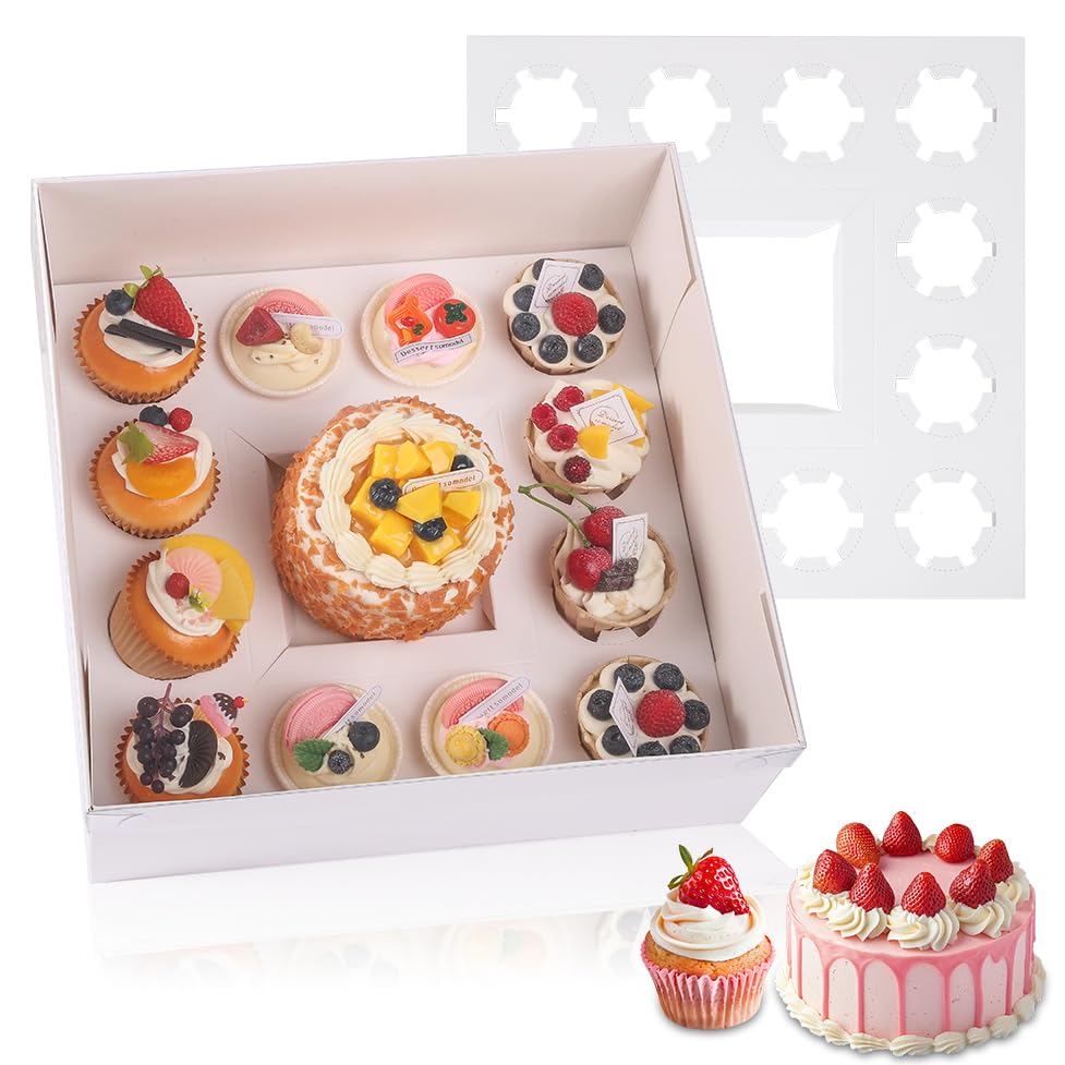 5 Packs Bento Cake and Clear Cupcake Box Fit 12 muffin Cupcakes and 1 Mini Cake Box with Clear Window and Stickers for Wedding Birthday Valentine'Day Party Baking Supplies - size: 1+12(5 Pack)