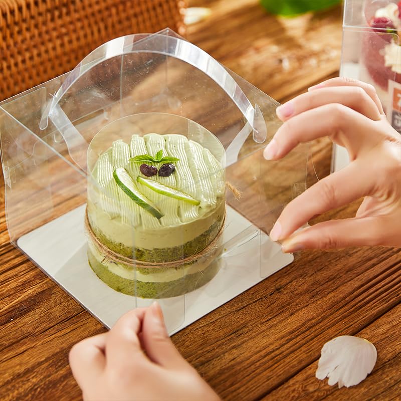30pcs Transparent Bakery Boxes With Ribbon,Knives and Forks, Clear Cake Box, Plastic Cake Carrier with Lid and Handle Transparent Gift Favor Box Cupcake Treat Boxes for Party (Clear, 6*6*5 in-30pcs) - size: 6*6*5 in-30pcs