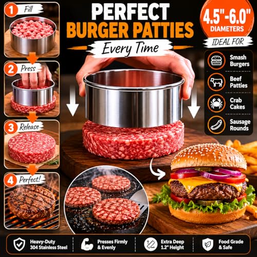 Doczen Large Cookie Cutter Set, 6-Piece Stainless Steel Biscuit Cutters, Heavy Duty Metal Ring for Burger Press & Meat Shaping, Tortilla Crust & Clay Pottery Cutting Tool