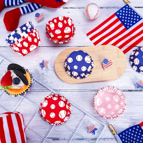 JarThenaAMCS 300Pcs Baseball Cupcake Liners Paper Baking Cups Blue Red Standard Muffin Cupcake Wrappers for Sports Fans Birthday Baby Shower Party Supplies - style: baseball