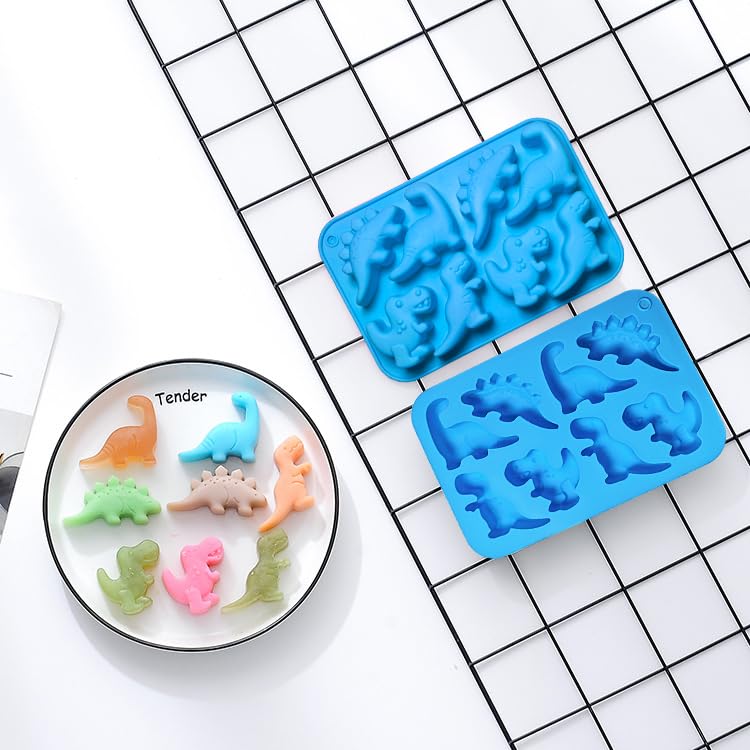 2Pcs Dinosaur Silicone Candy Molds - 8-Cavity Gummy Dinosaur Molds Shaped with T-rex, Stegosaurus, Triceratops, Brontosaurus, Non-stick and Bpa Free for Chocolate, Soaps, Crayons, Ice Cubes - color: 2pcs Large Dinosaur Molds