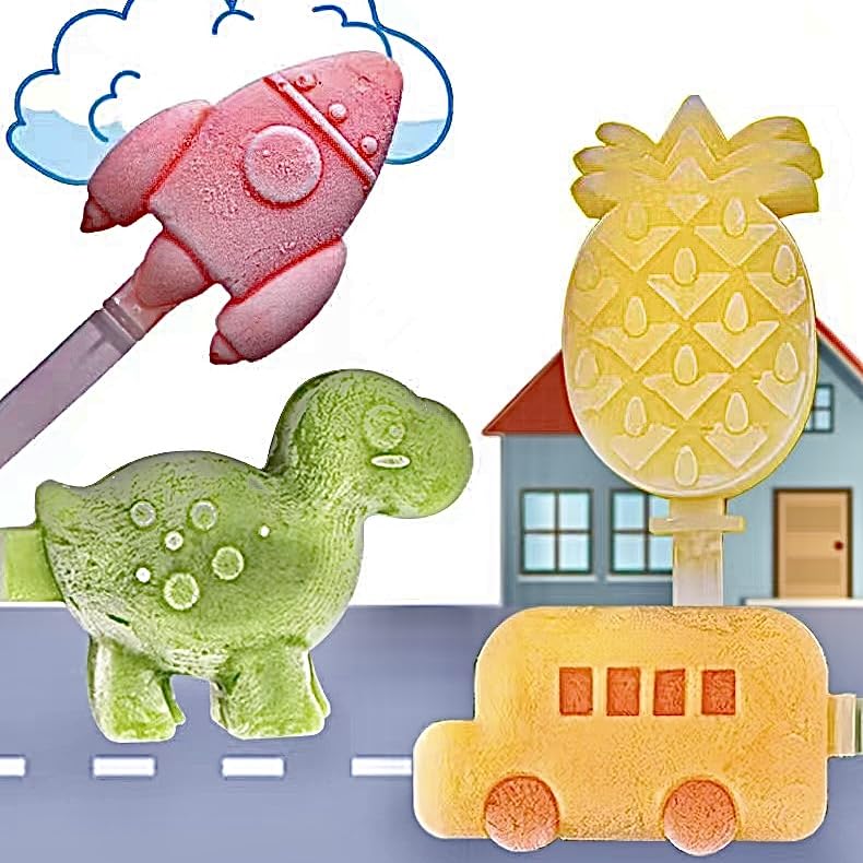 4PCS Dinosaur Popsicle Molds, Cute Silicone Kids Ice Cream Molds - color: 4 PCS（fruit*1+dinosaur*1+airplane*1+car*1)