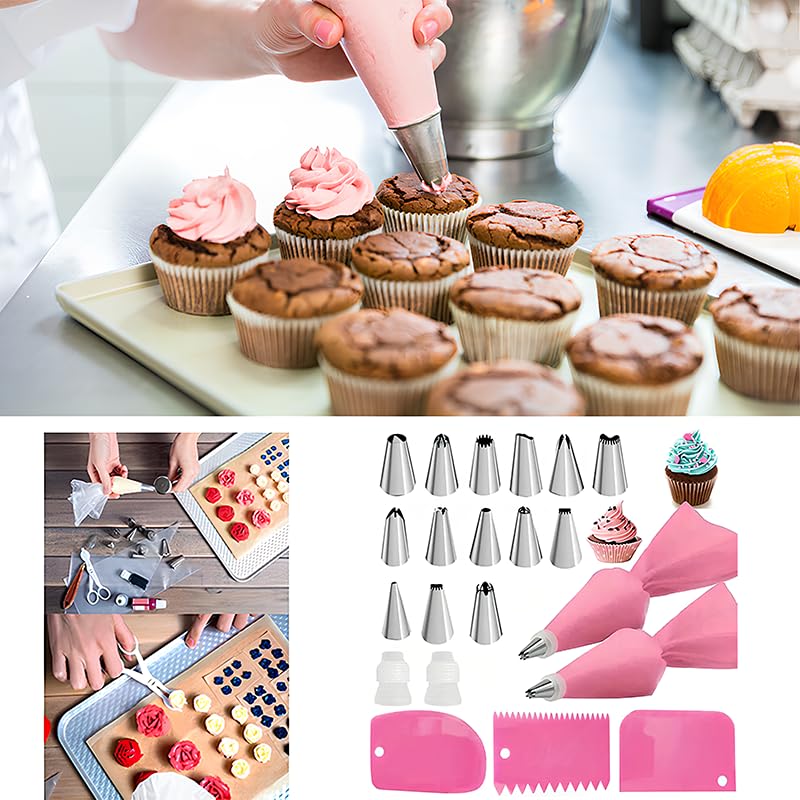 Piping Bags and Tips Set, Reusable Cake Decorating Supplies with 2 Reusable Bags, 14 Icing Tips, 2 Silicone Rings, 2 Couplers and 3 Scrapers, Cake Baking Tools for Cookie Icing Cupcakes