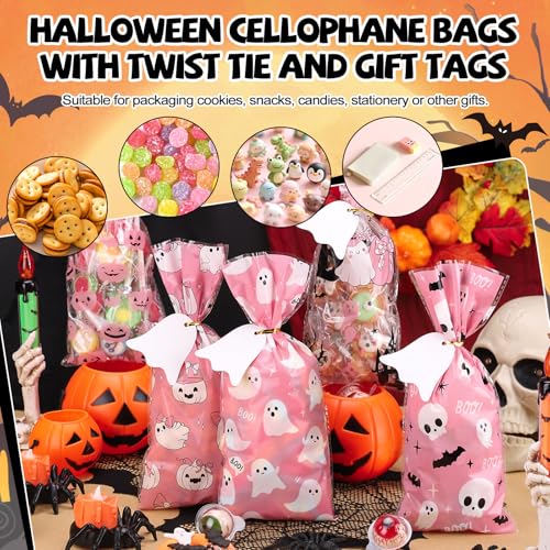 woric 100 Set Pink Ghost Halloween Treat Bags Cellophane Candy Bags - color: Pink Ghost