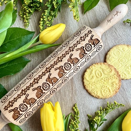 Embossing Rolling Pin embossed Dogh Roller for EASTER Embossed Cookies and Pottery by Algis Crafts (Easter Ribbon)