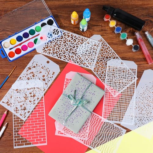 8 Pieces Stencils for Crafts, Leopard Brick Dot Layering Stencils with Keyring Mixed Media Plaid Texture Crackle Marble for Painting on Card Making Canvas DIY Crafts Furniture Paper Airbrush